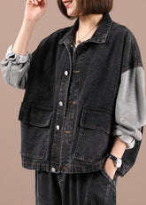 Boho Schwarze Patchwork-Taschen Herbst-Jeansjacken Langarm